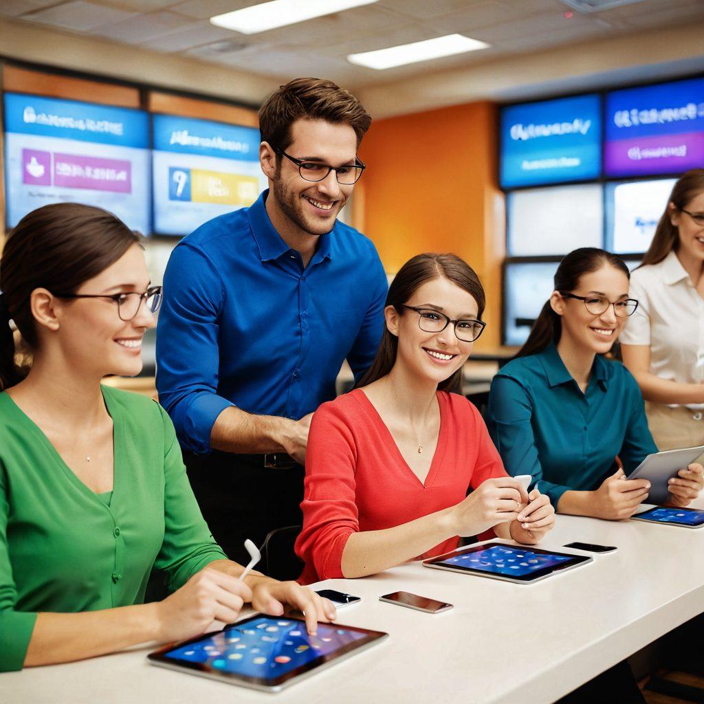 A warm, inviting customer service scene where a friendly guide assists a diverse group of people, showcasing user-friendly technology such as tablets and interactive screens. The environment should feel approachable and modern, with bright colors that evoke positivity. Incorporate visual elements like question marks and light bulbs to symbolize guidance and ideas. super-realistic. vibrant colors. modern design.