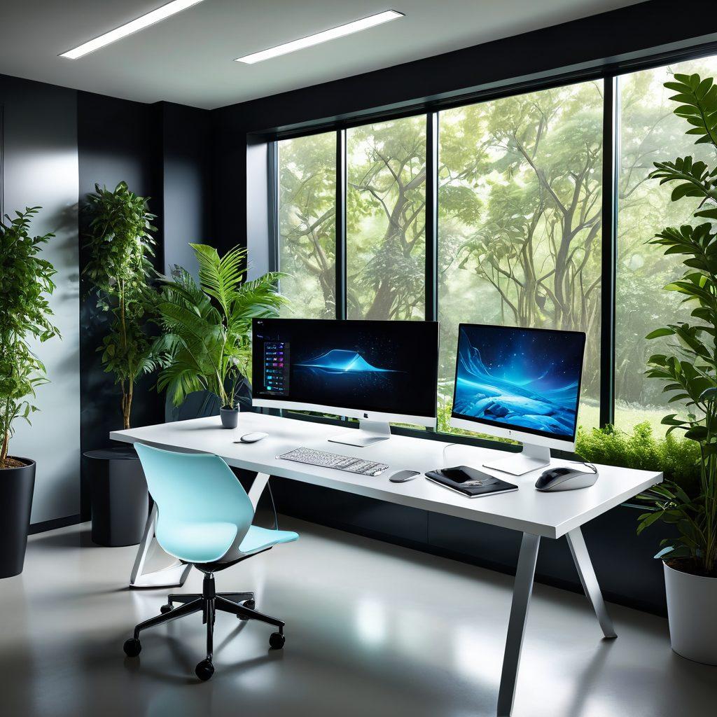 A sleek, modern workspace with a user-friendly interface displayed on a futuristic screen, highlighting various streamlined solutions like task management tools and communication apps. Include a relaxed individual confidently navigating the tech, surrounded by greenery for a sense of calmness and ease. Emphasize clarity and efficiency in the design elements. super-realistic. vibrant colors. clean background.